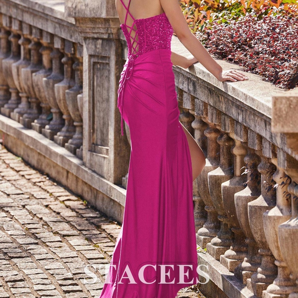 NWT Mermaid Cowl Neck Sweep Train Jersey Prom Dress with Pleated Sequins Split - Picture 2 of 16